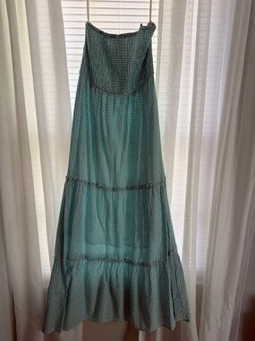 Teal Gingham Smocked Bodice Strapless Maxi Dress